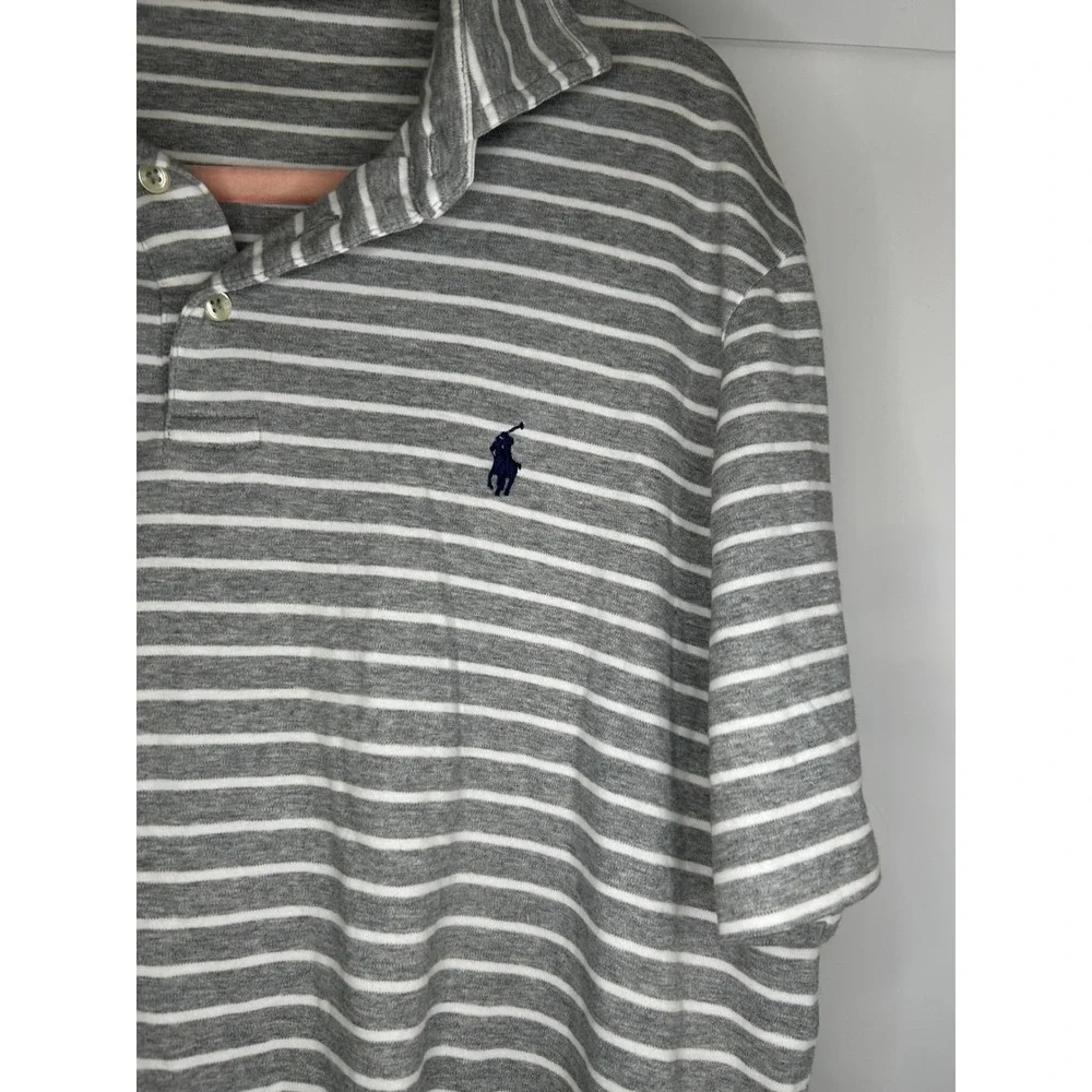 Polo Ralph Lauren Men Grey White Striped Pima Soft Touch Cotton Polo Shirt Large